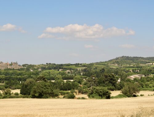 Château au milieu de champs, de forêts, et collines